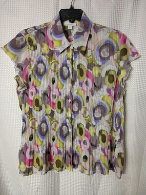 Dress Barn Multicolor Circular-Print Pleated Button Front Blouse